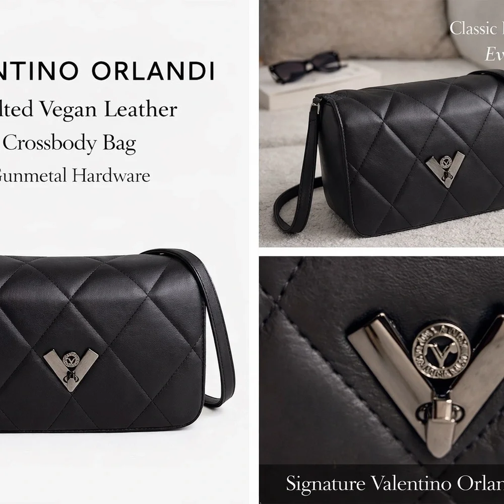 Valentino Orlandi Quilted Crossbody Bag Black Vegan Leather Gunmetal NWT